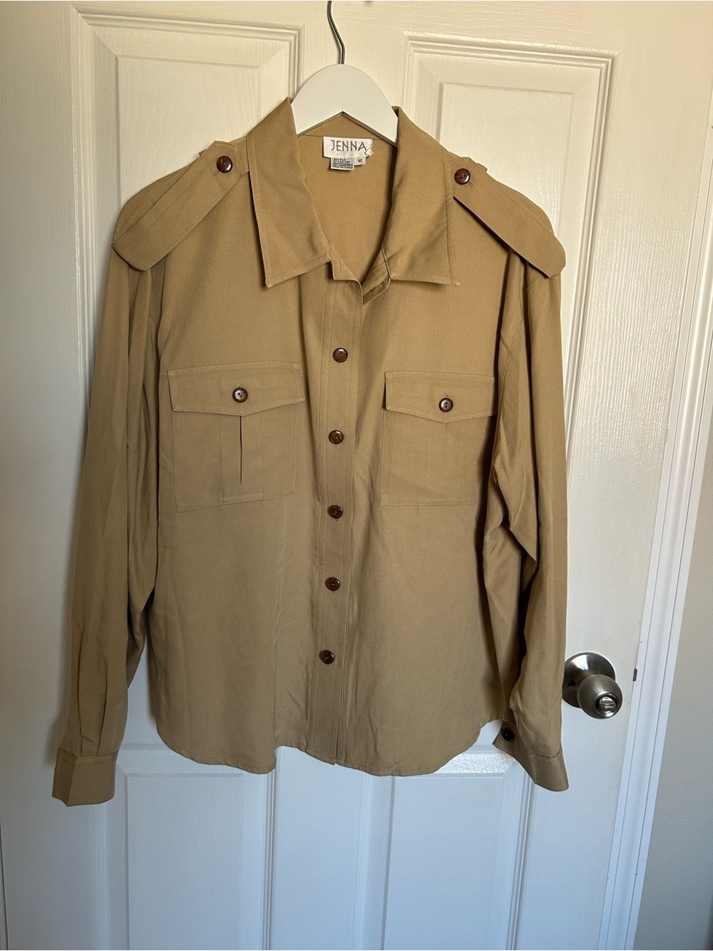 Jenna Silk Blend Safari Shirt Khaki Button-Front Utility Shirt with Epaulets